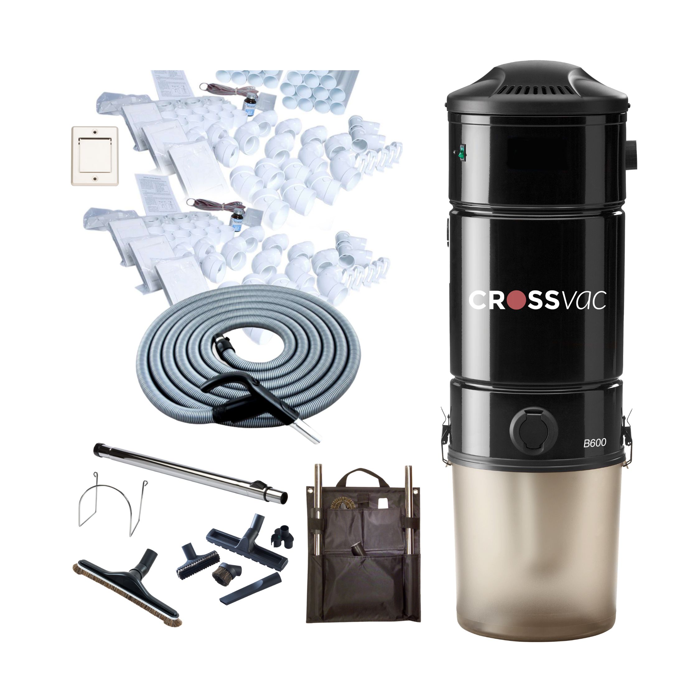 Zentralstaubsauger Set Large mit B600, Schlauch-Set On/Off, 6x Saugdosen & Installationsmaterial